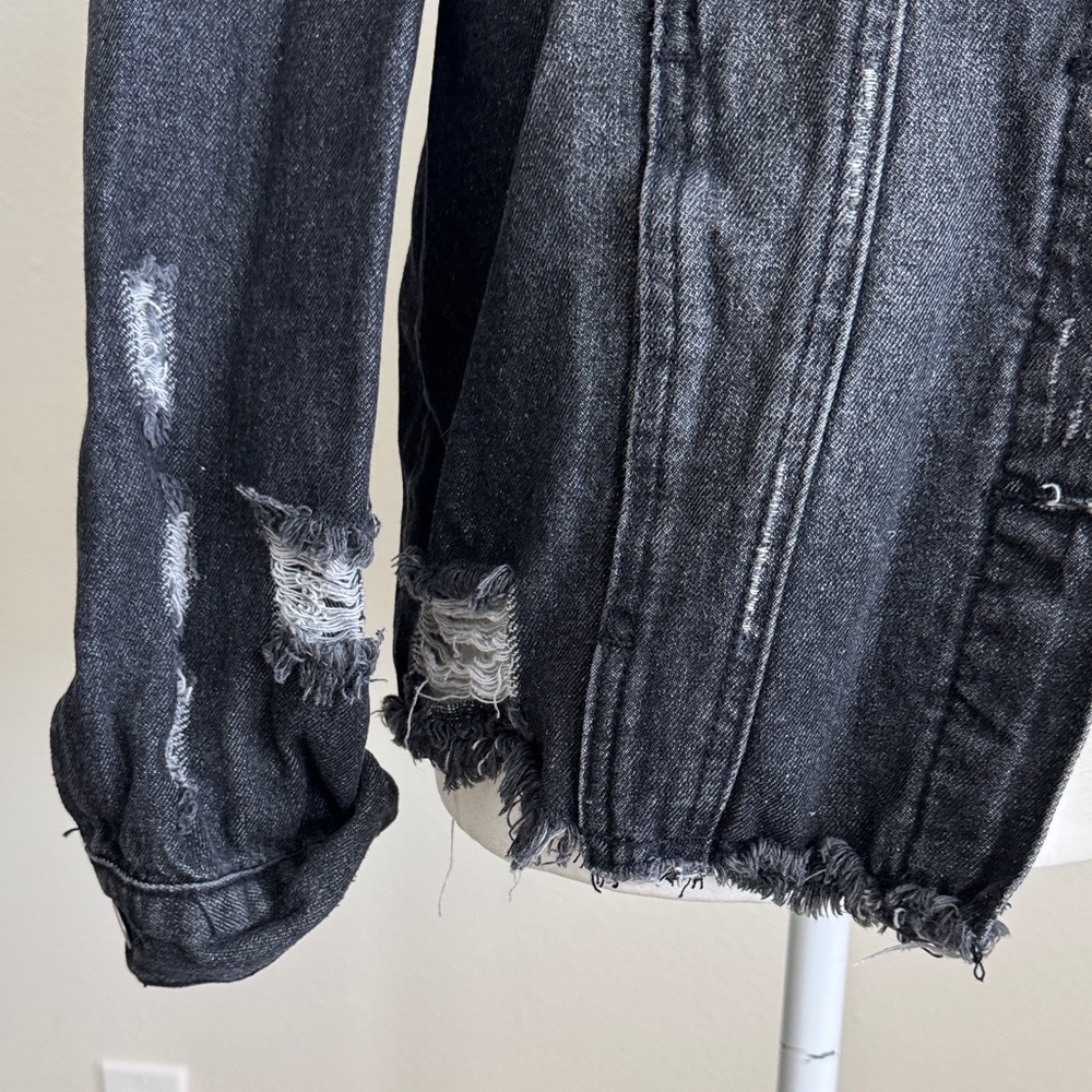 Black Distressed Denim Jacket - Picture 3 of 7